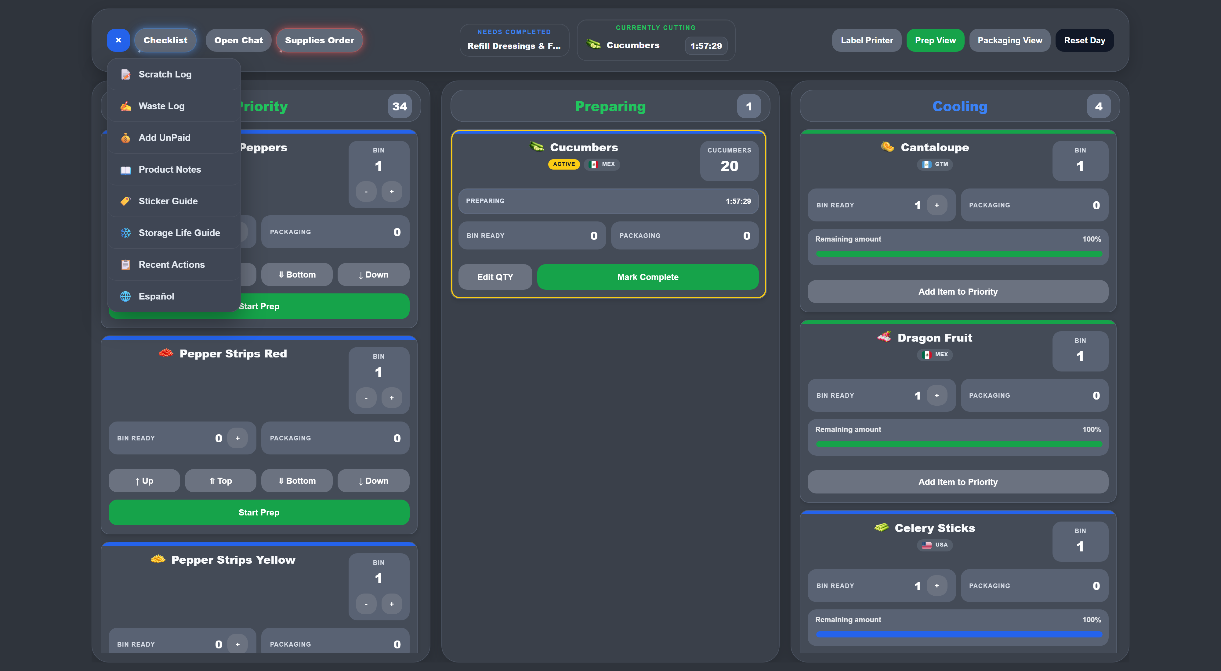 Hamburger menu drawer open showing Scratch Log, Waste Log, Add UnPaid, Product Notes, Recent Actions and a language toggle