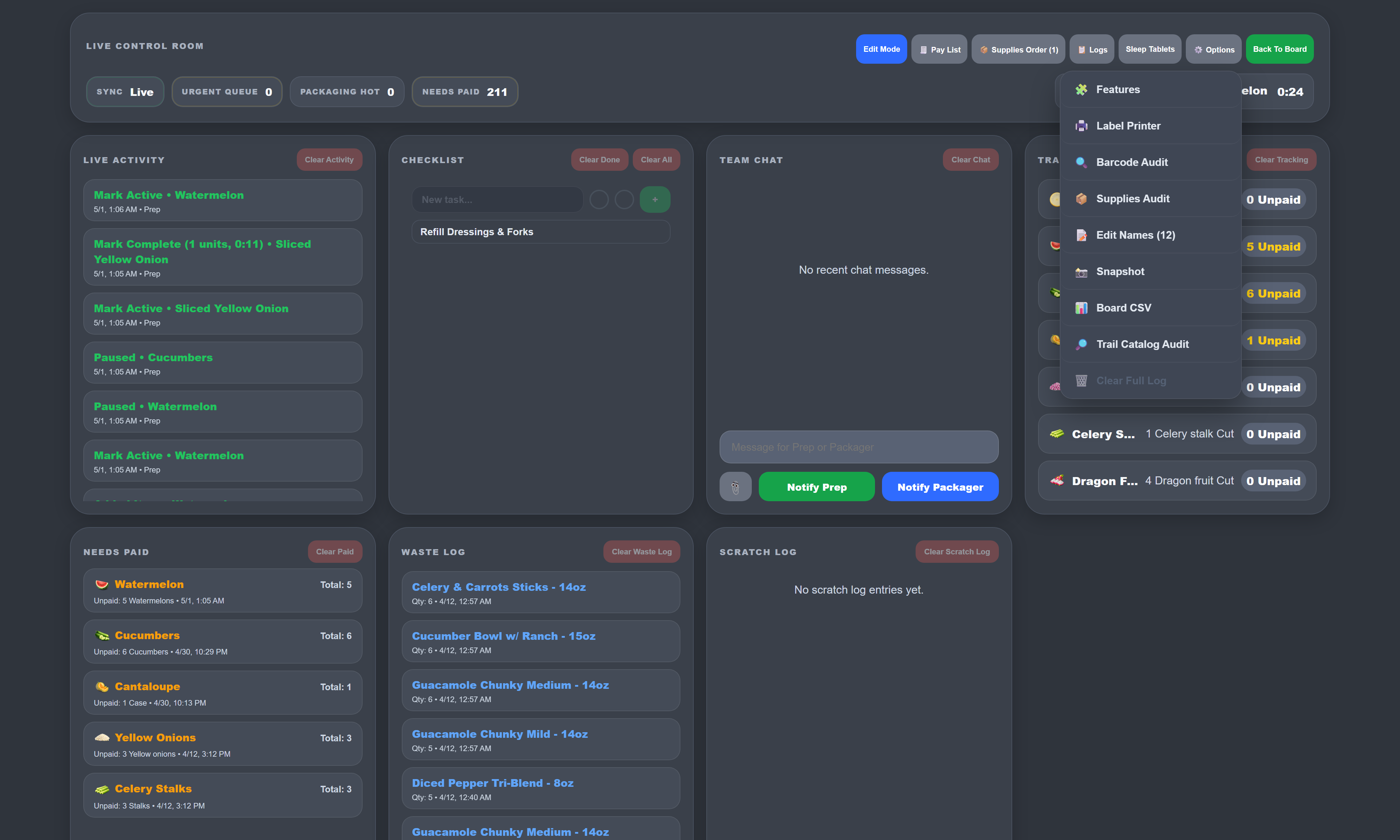 Features menu open over the Live Control Room showing Label Printer, Barcode Audit, Supplies Audit, Edit Names with 12 entries, Snapshot, Board CSV, Trail Catalog Audit and Clear Full Log options