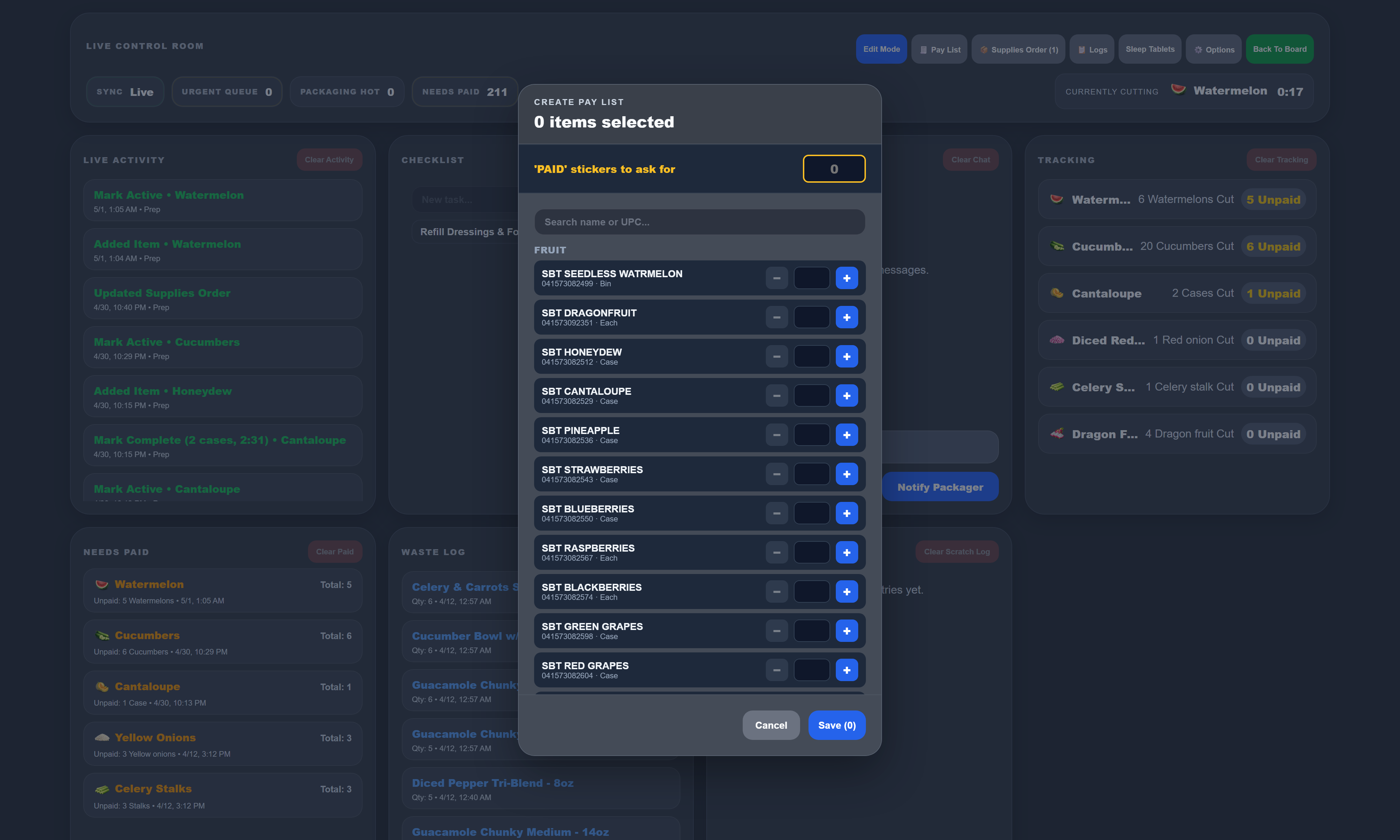 Create Pay List modal showing the full SBT product catalog with quantity steppers for SBT Seedless Watermelon, Dragonfruit, Honeydew, Cantaloupe, Pineapple, Strawberries, Blueberries, Raspberries, Blackberries, Green and Red Grapes