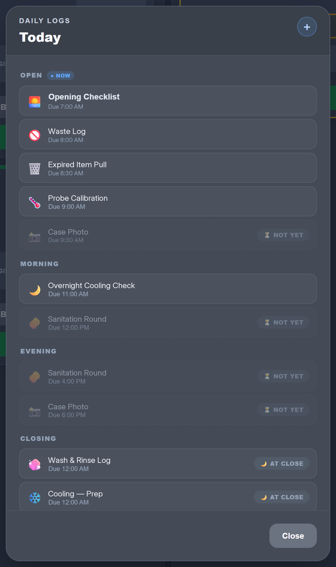 Daily Logs panel listing tasks grouped by Open, Morning, Evening and Close, each with a due time and a status badge