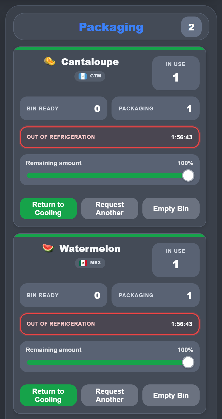 Packaging View showing the four-column layout — Priority, Preparing, Cooling, and Packaging — with two Active Bins (Cantaloupe and Watermelon) each displaying an OUT OF REFRIGERATION timer at 46:28 and Return to Cooling, Request Another, and Empty Bin actions