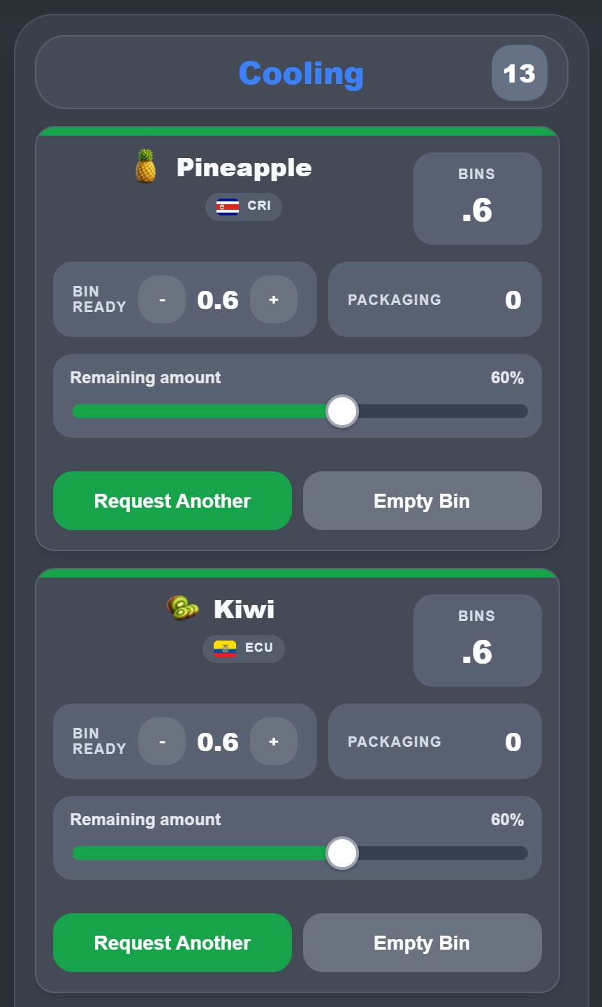 Cooling column closeup showing four bins with country flags, remaining-amount sliders, request-another and empty-bin actions