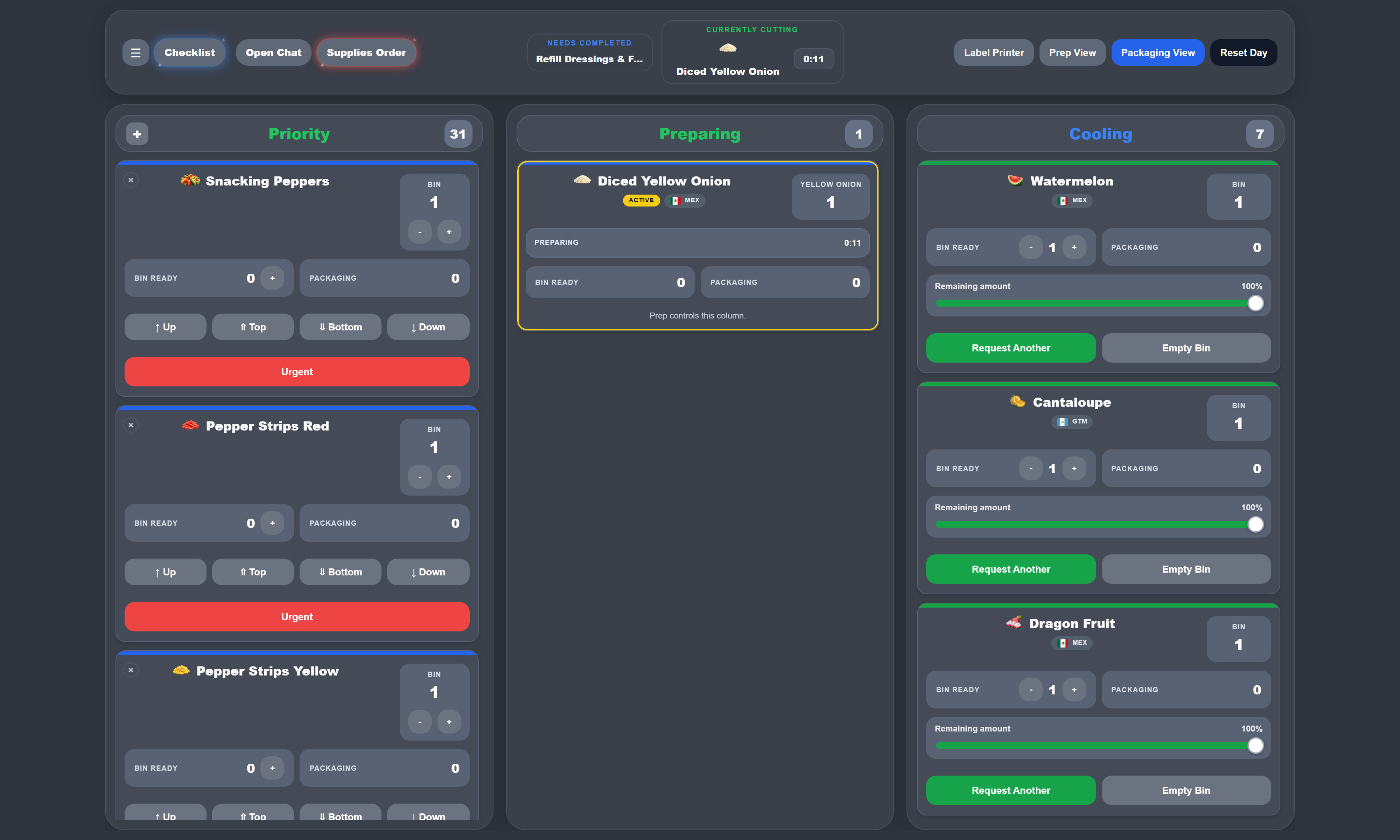 Packaging View with cooling bins, country flags, and one-tap actions