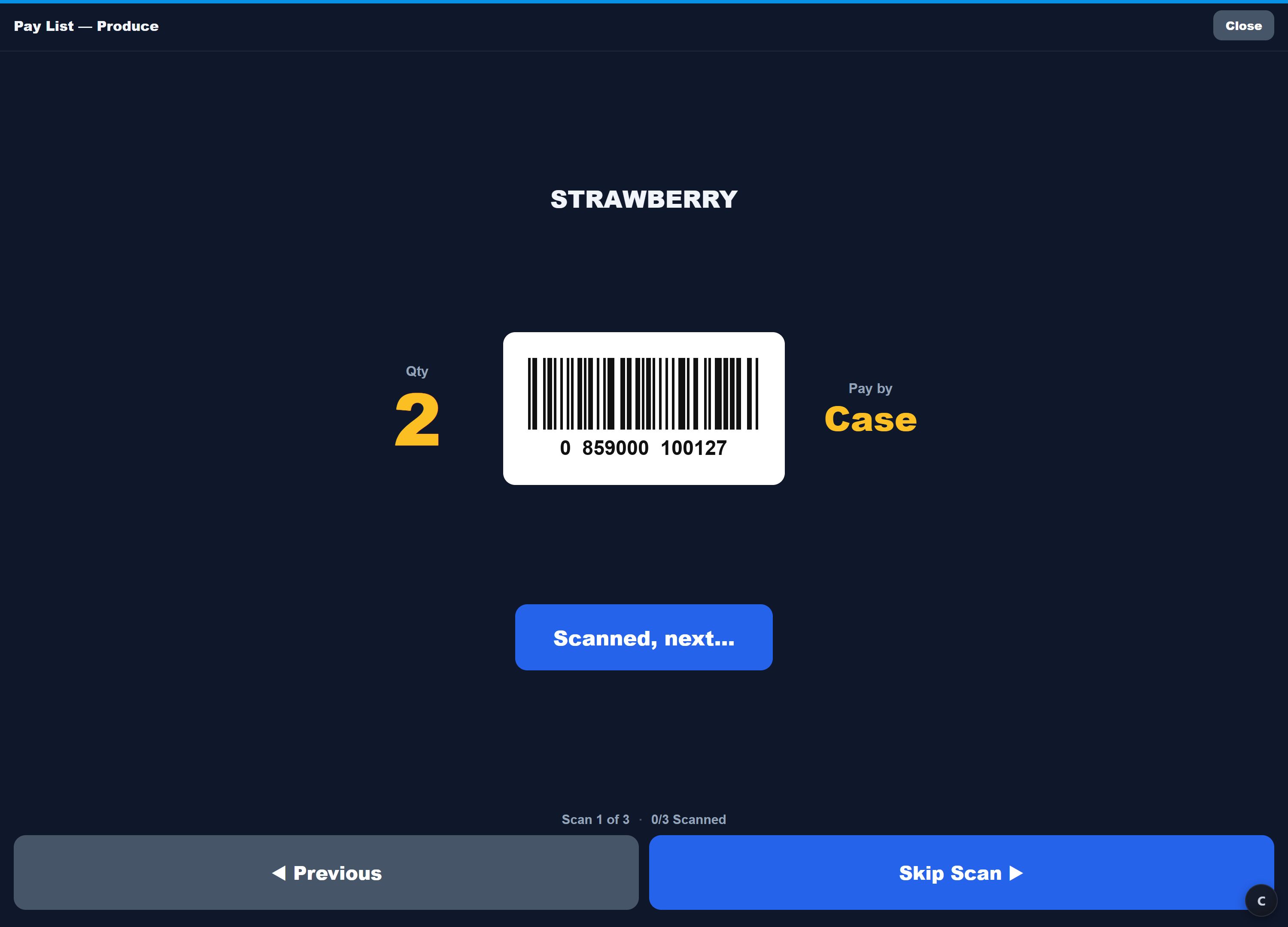 Pay List step 2: scan item barcode with quantity and pay-by unit