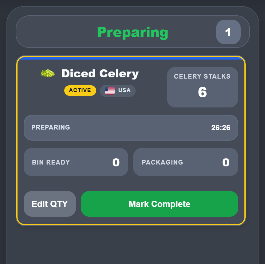 Prep View showing Diced Yellow Onion actively being prepped with a live timer in the header bar