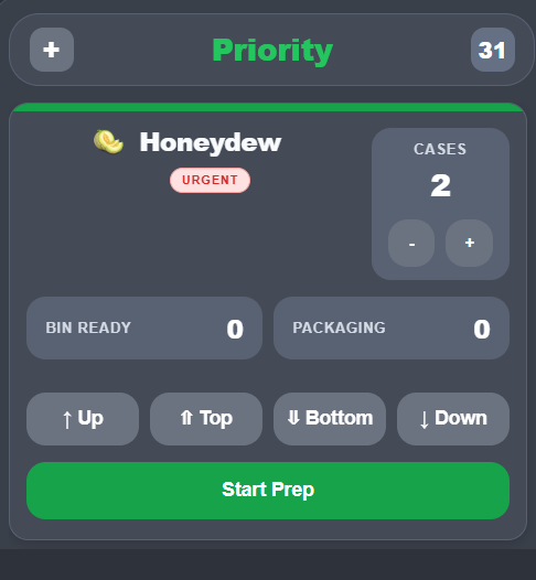 Full Priority column card showing an urgent order with up/top/bottom/down ordering controls and Start Prep