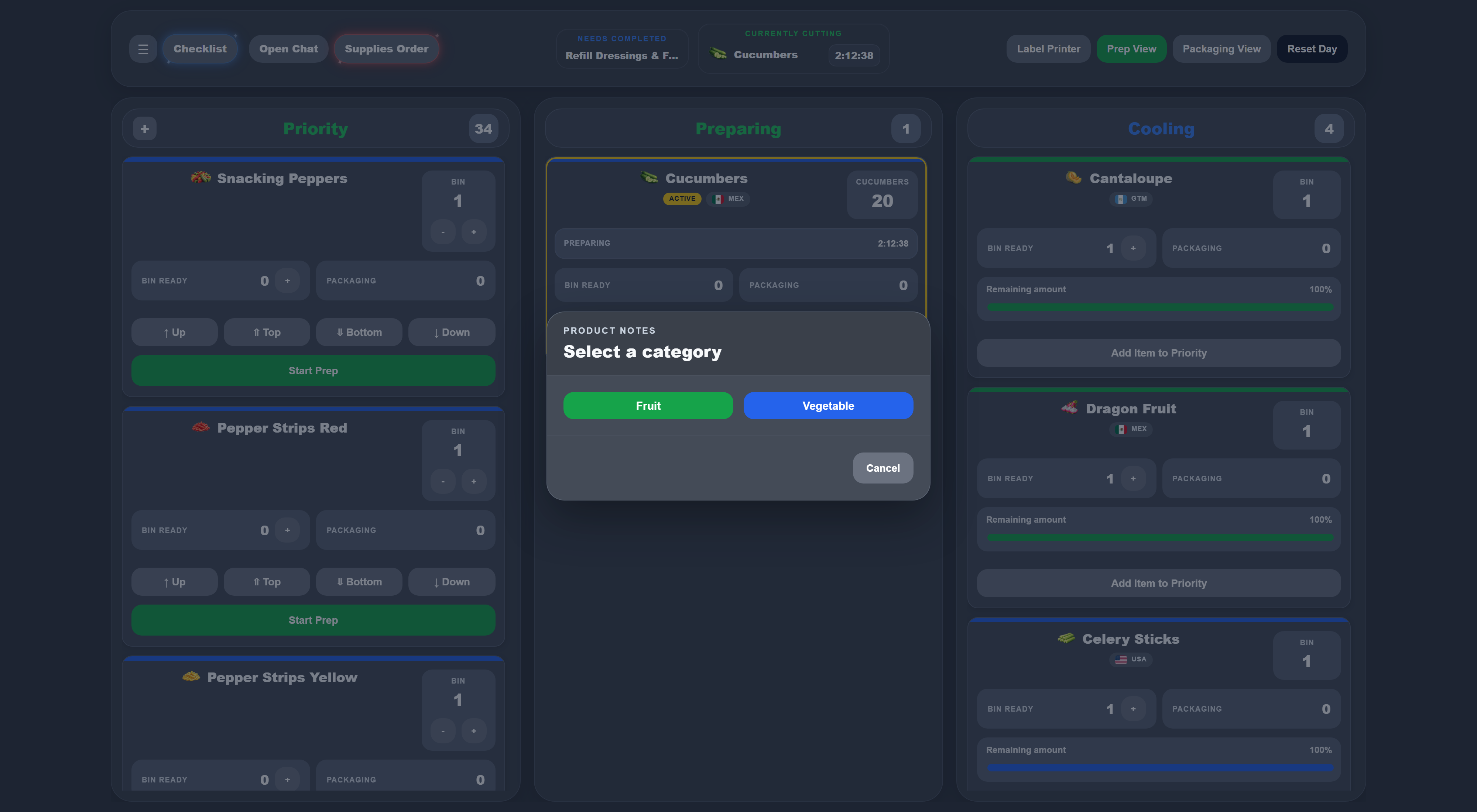 Product Notes modal asking the user to select a category