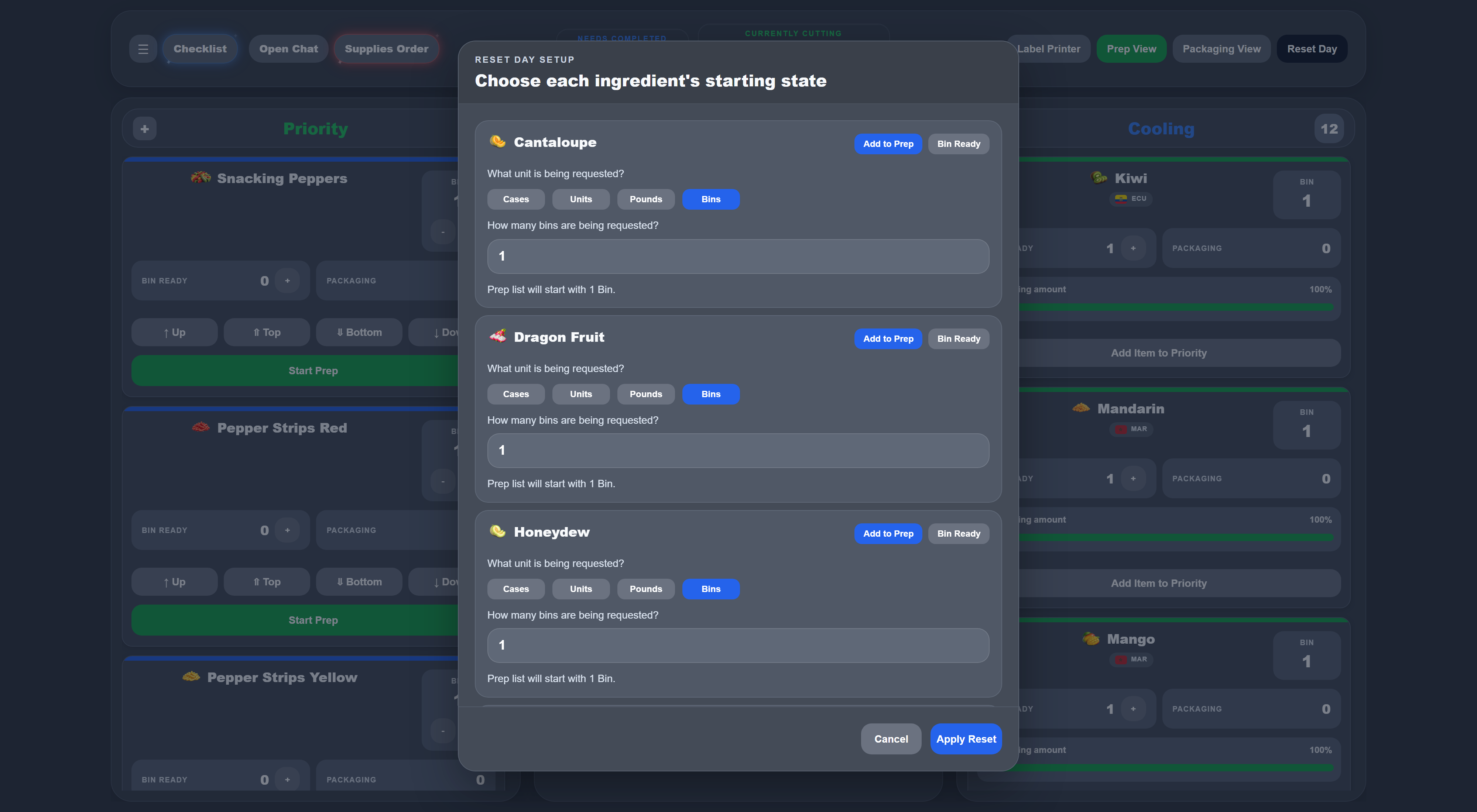 Reset Day Setup modal — Choose each ingredient's starting state — listing Cantaloupe, Dragon Fruit and Honeydew with unit selectors (Cases, Units, Pounds, Bins) and a bin count for each, plus Cancel and Apply Reset actions