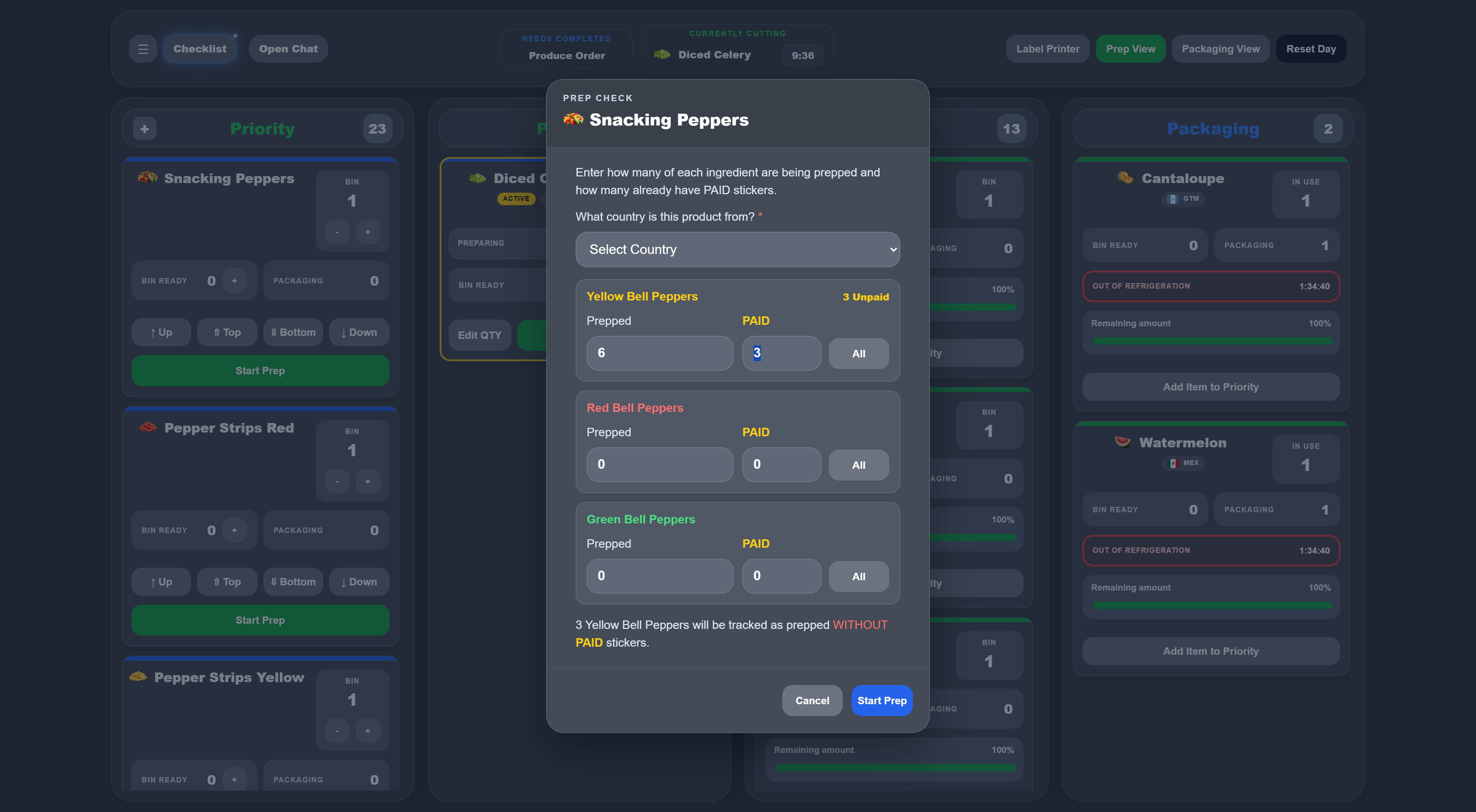 Start Prep modal asking which country the product is from and how many units of each ingredient