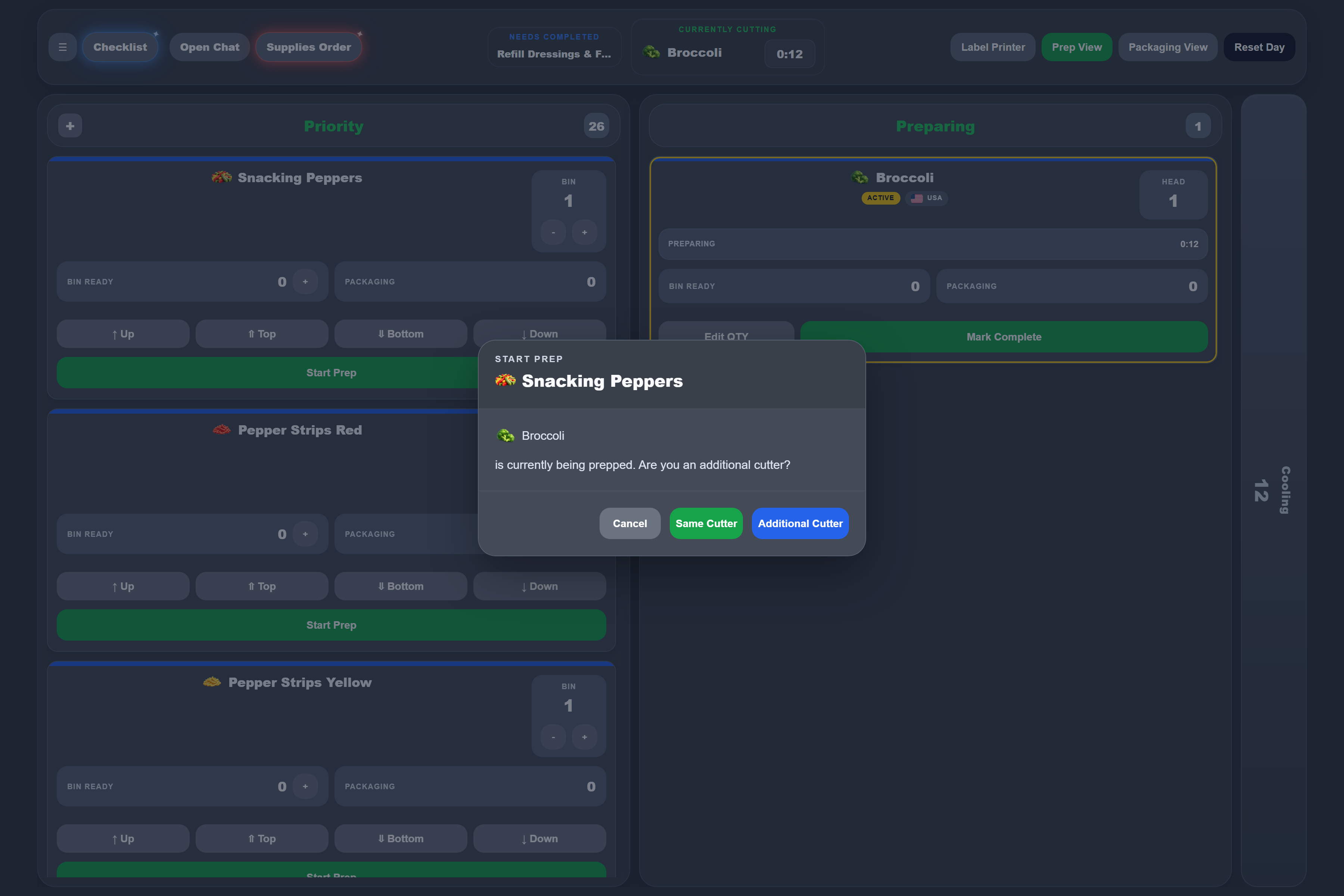 Start Prep prompt asking whether the user is the same cutter or an additional cutter joining the active tile