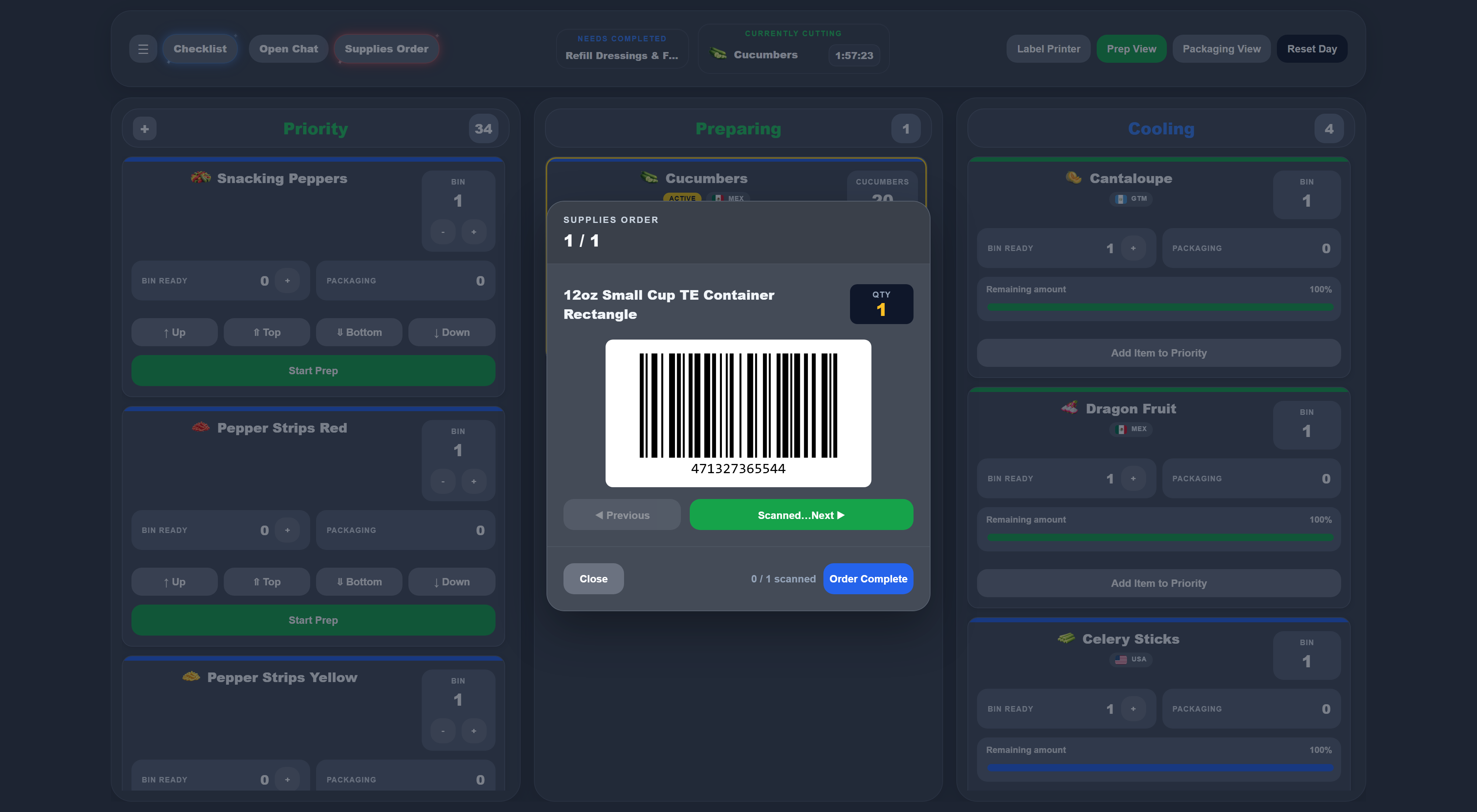 Supplies Order modal with a barcode and Order Complete control